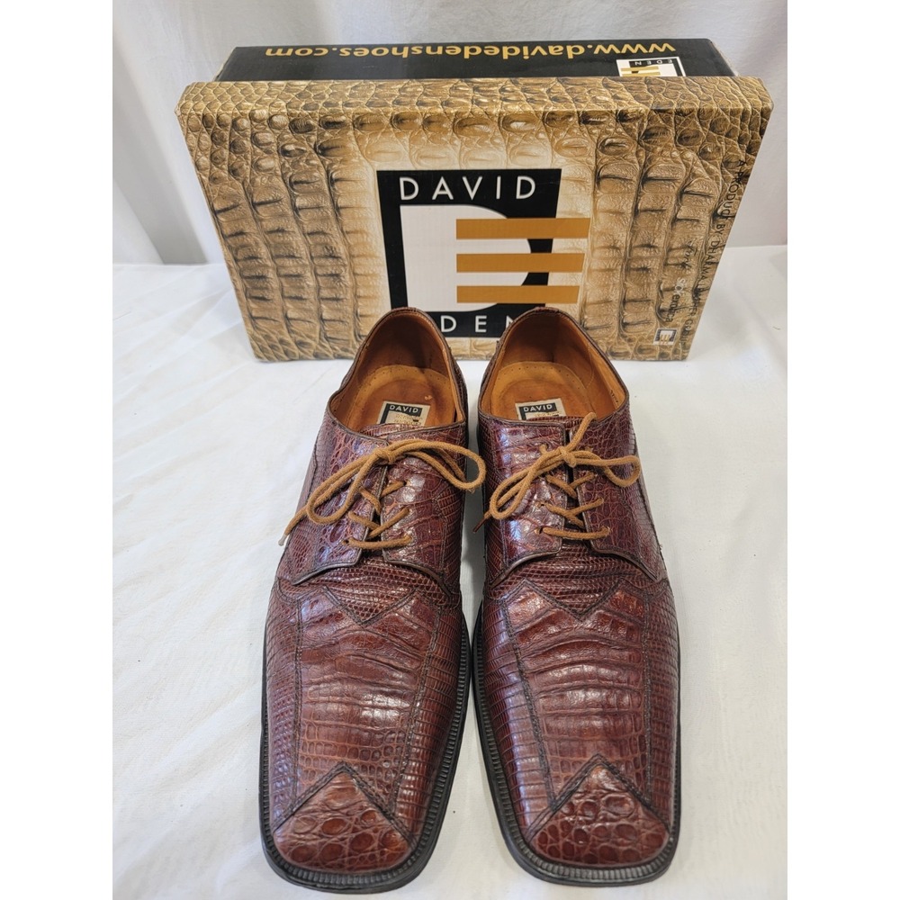 David Eden Crocodile Lizard Skin Men's Size 12 Caramel Red Leather Oxfords Shoes